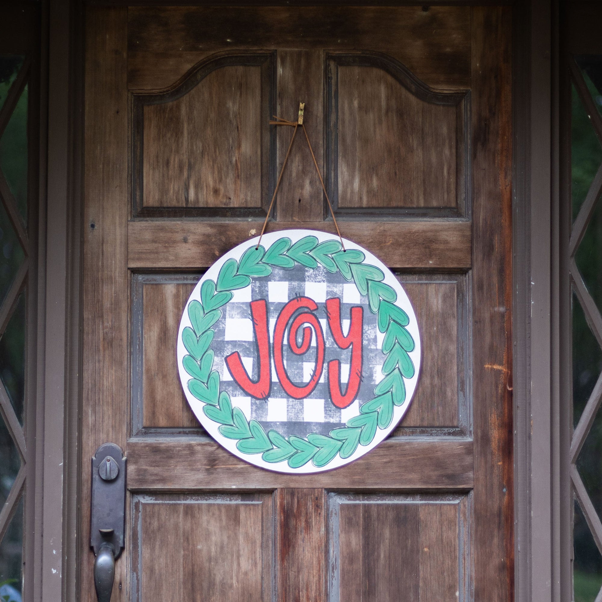 Front View. Christmas Door Hanger, Joy Wreath Check Outdoor Ornament/Decor The WAREHOUSE Studio 