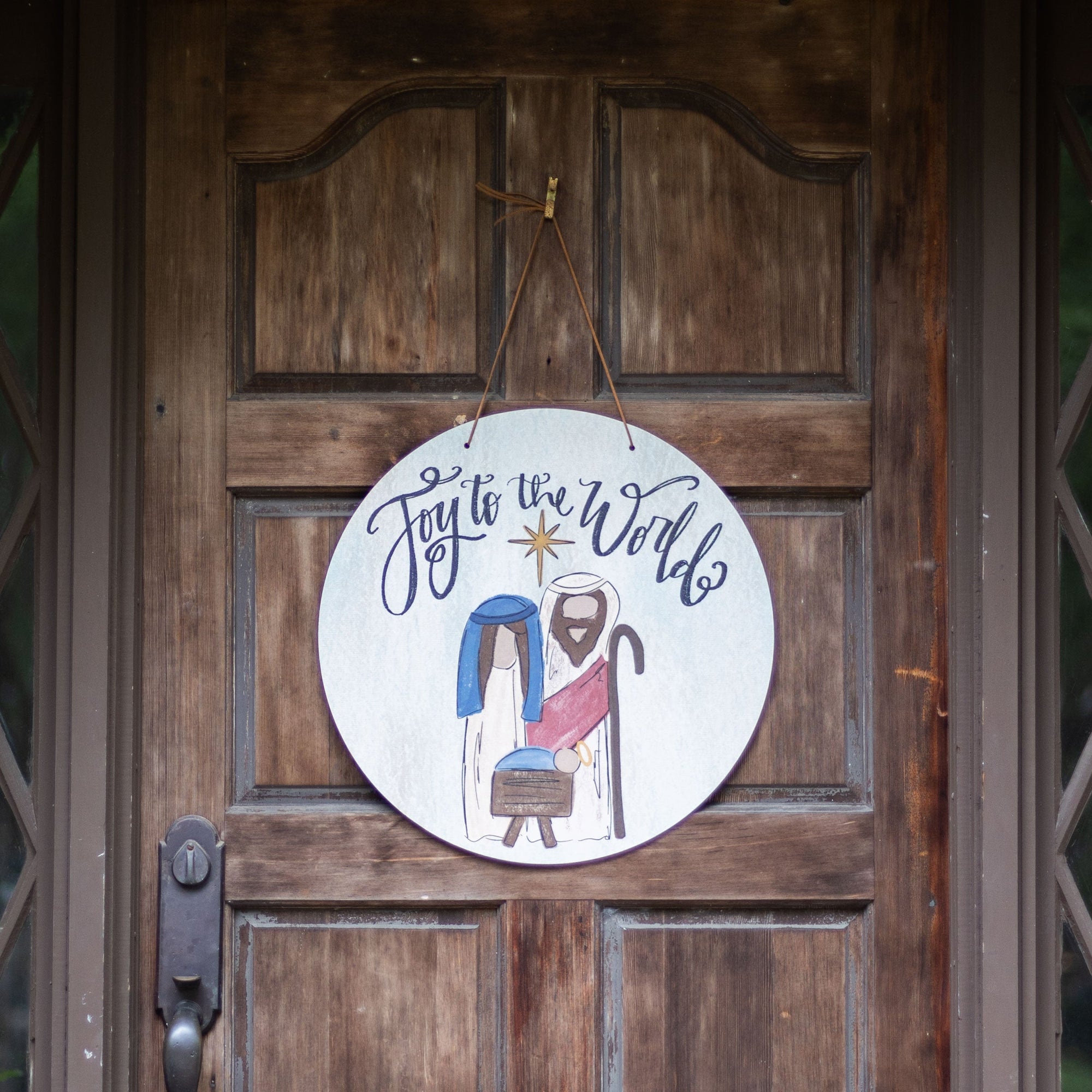 Front View. Christmas Door Hanger, Whimsy Nativity Outdoor Ornament/Decor The WAREHOUSE Studio 