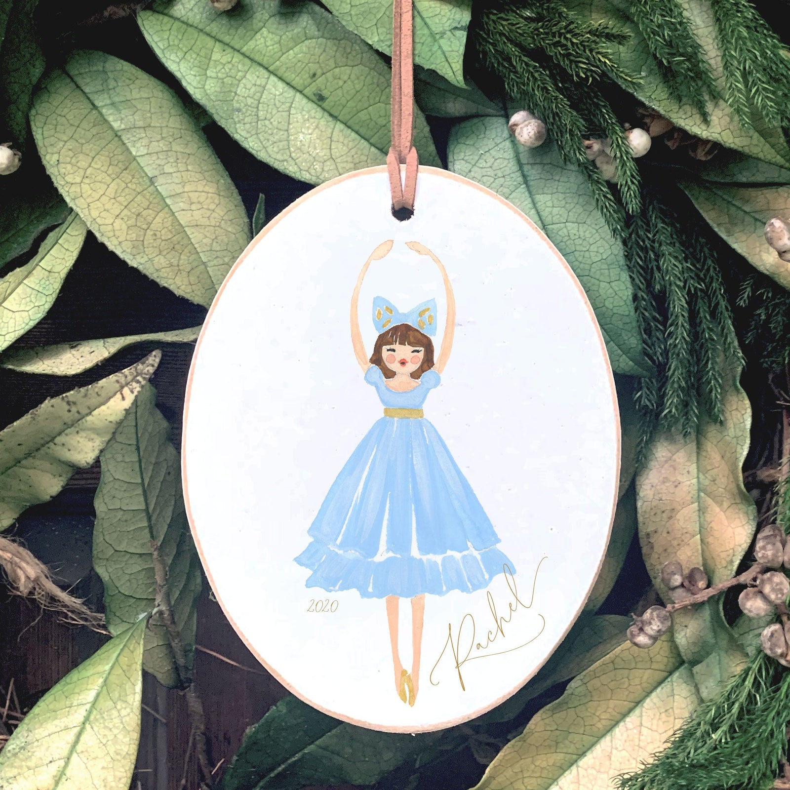 Front View. Customizable Ornament | Blue Ballerina Wood Ornaments The WAREHOUSE Studio