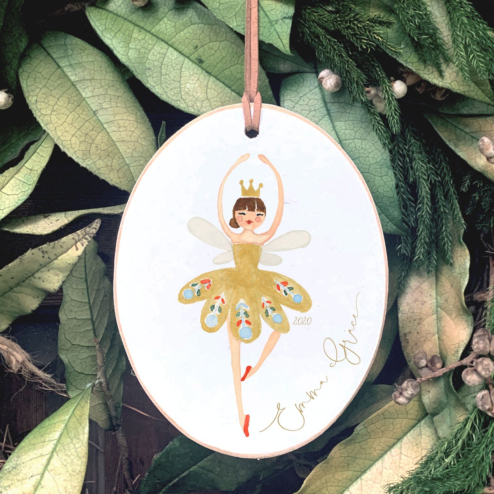 Front View. Customizable Ornament | Gold Ballerina Wood Ornaments The WAREHOUSE Studio