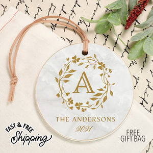 Front View. Customizable Ornament | Last Name Marble Holiday Ornaments The WAREHOUSE Studio