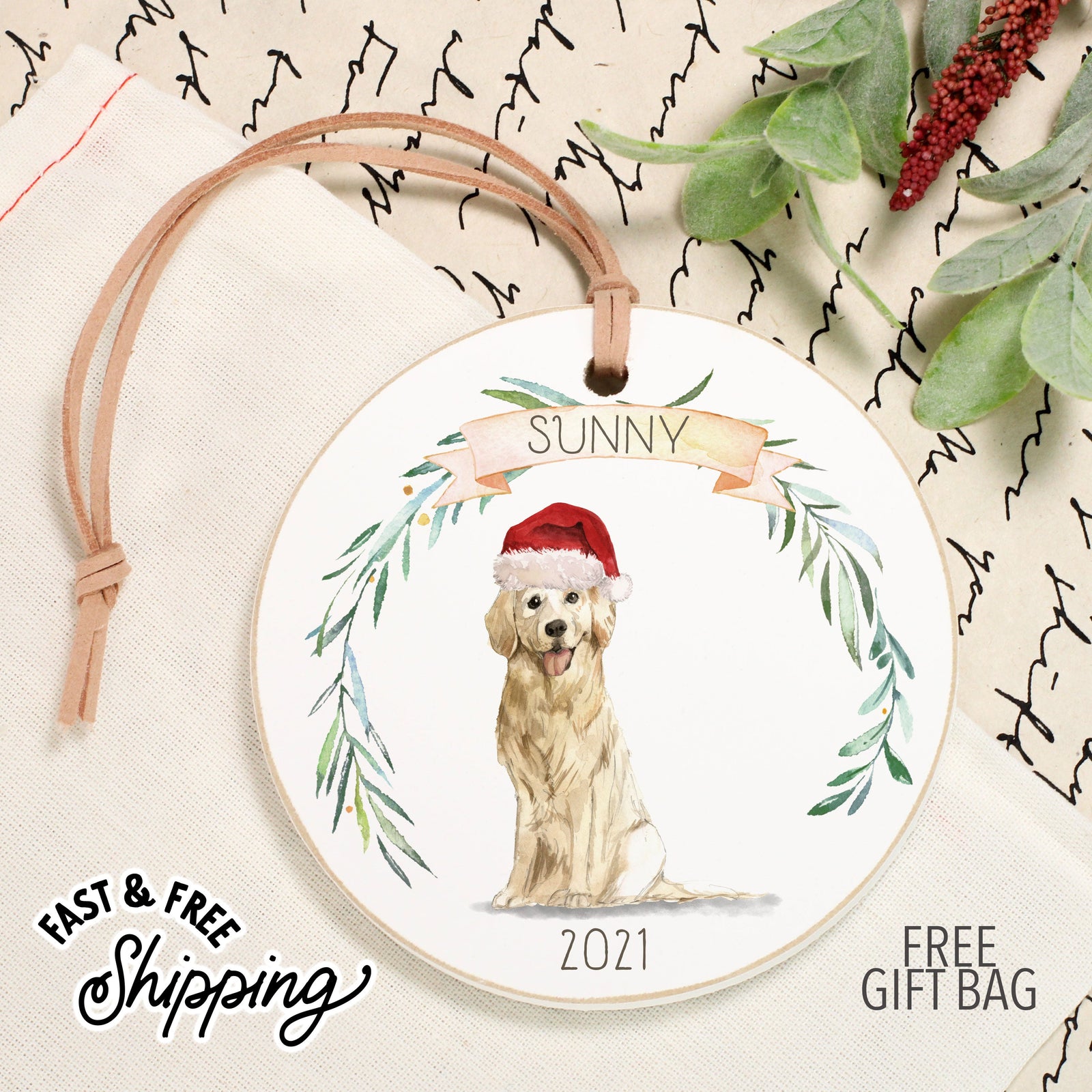 Front View. Customizable Ornament | Personalized Dog Ornaments | Watercolor Dogs Wood Ornaments The WAREHOUSE Studio