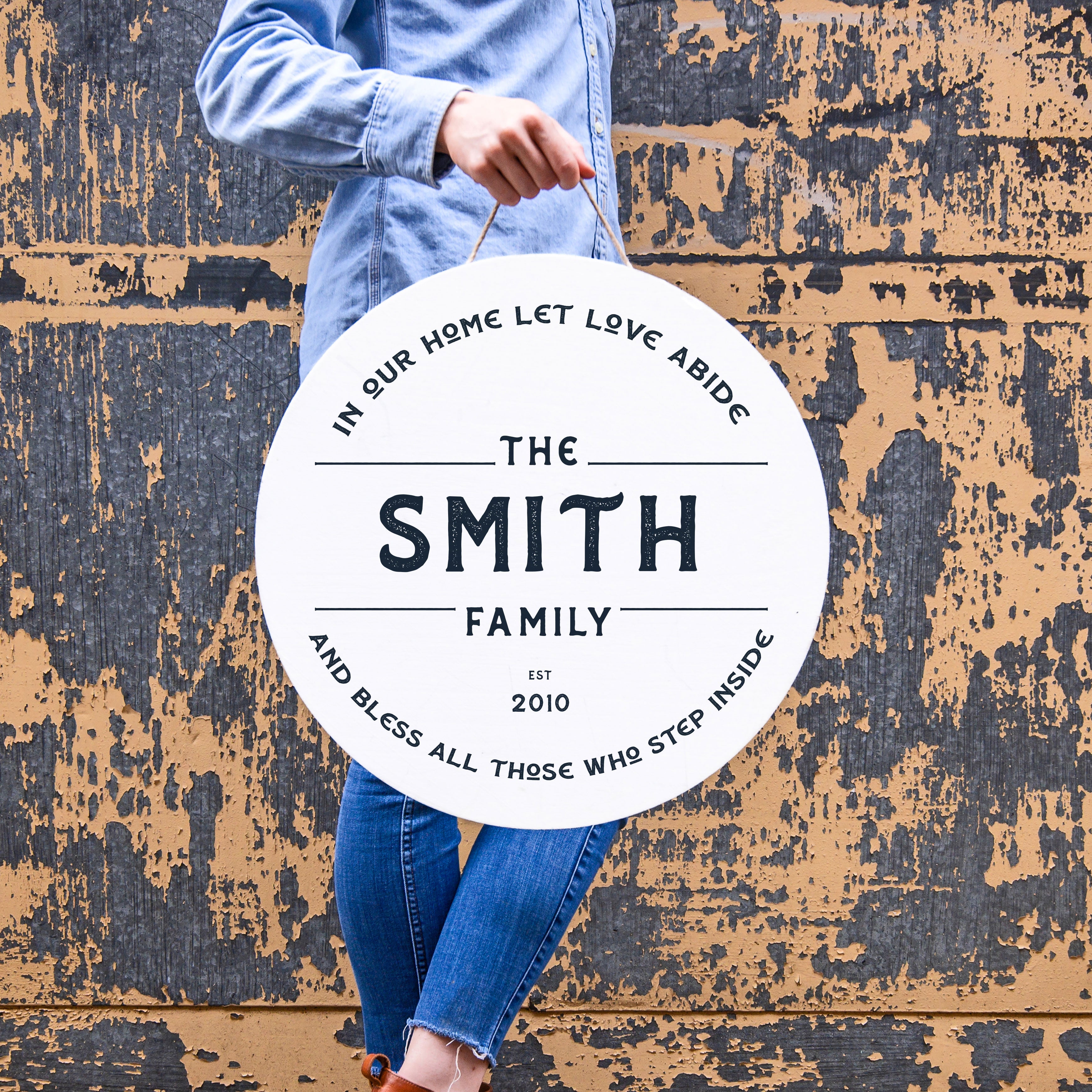 Front View. Family Name Sign | Custom Wood Sign Personalized Signs The WAREHOUSE Studio 24" In Our Home Let Love Abide