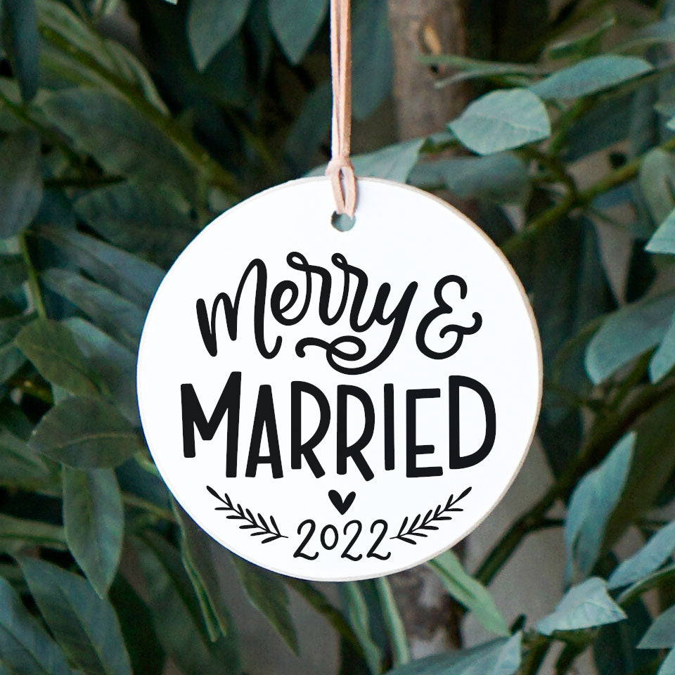 Front View. Ornament | Merry & Married Wood Ornaments The WAREHOUSE Studio