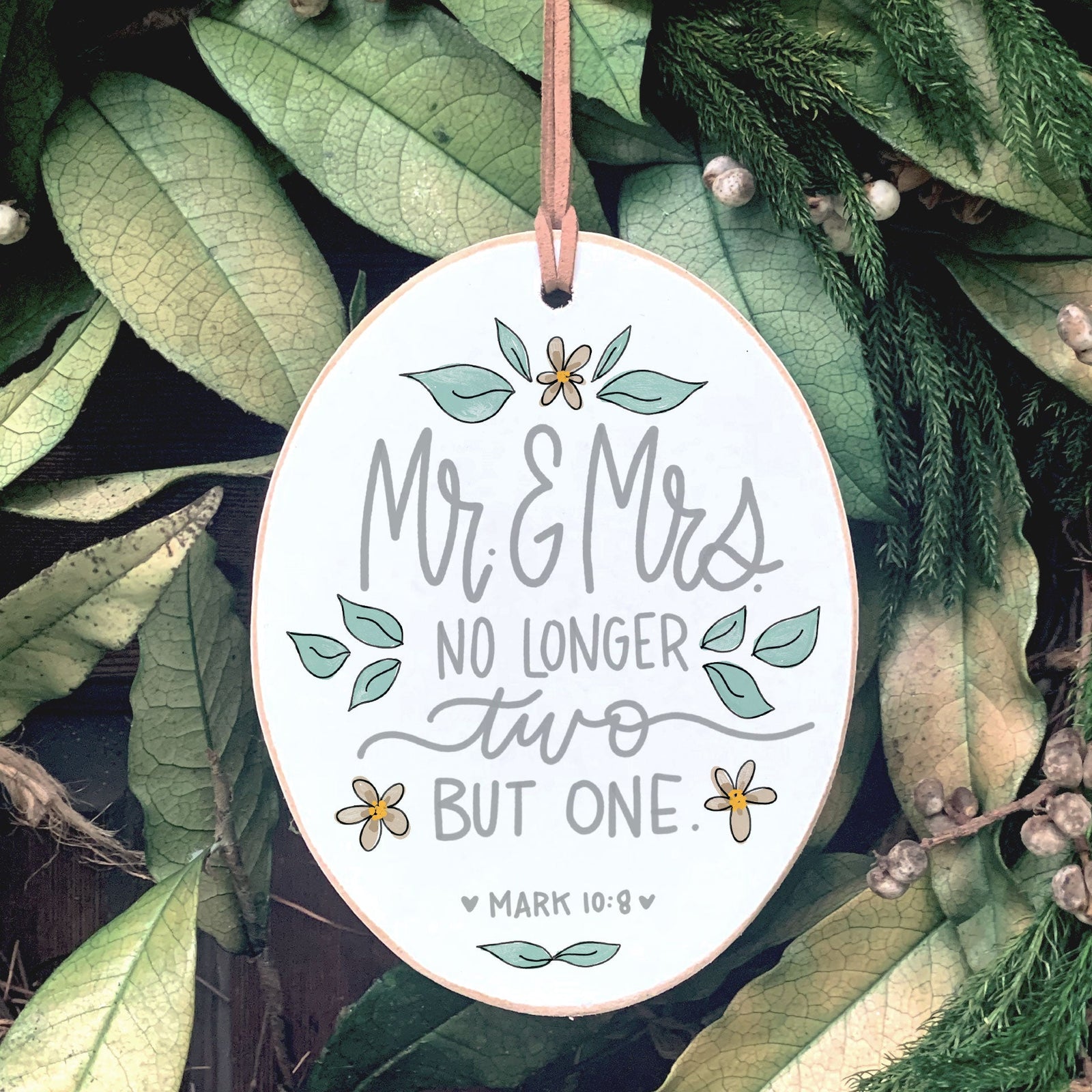 Front View. Ornament | Mint Mr & Mrs | Wedding Christmas Wood Ornaments The WAREHOUSE Studio