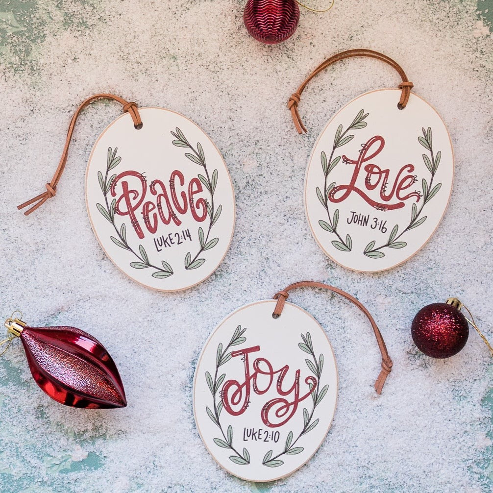 Front View. Ornaments | Love, Joy, Peace Wood Ornaments The WAREHOUSE Studio