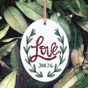 Love Front View. Ornaments | Love, Joy, Peace Wood Ornaments The WAREHOUSE Studio
