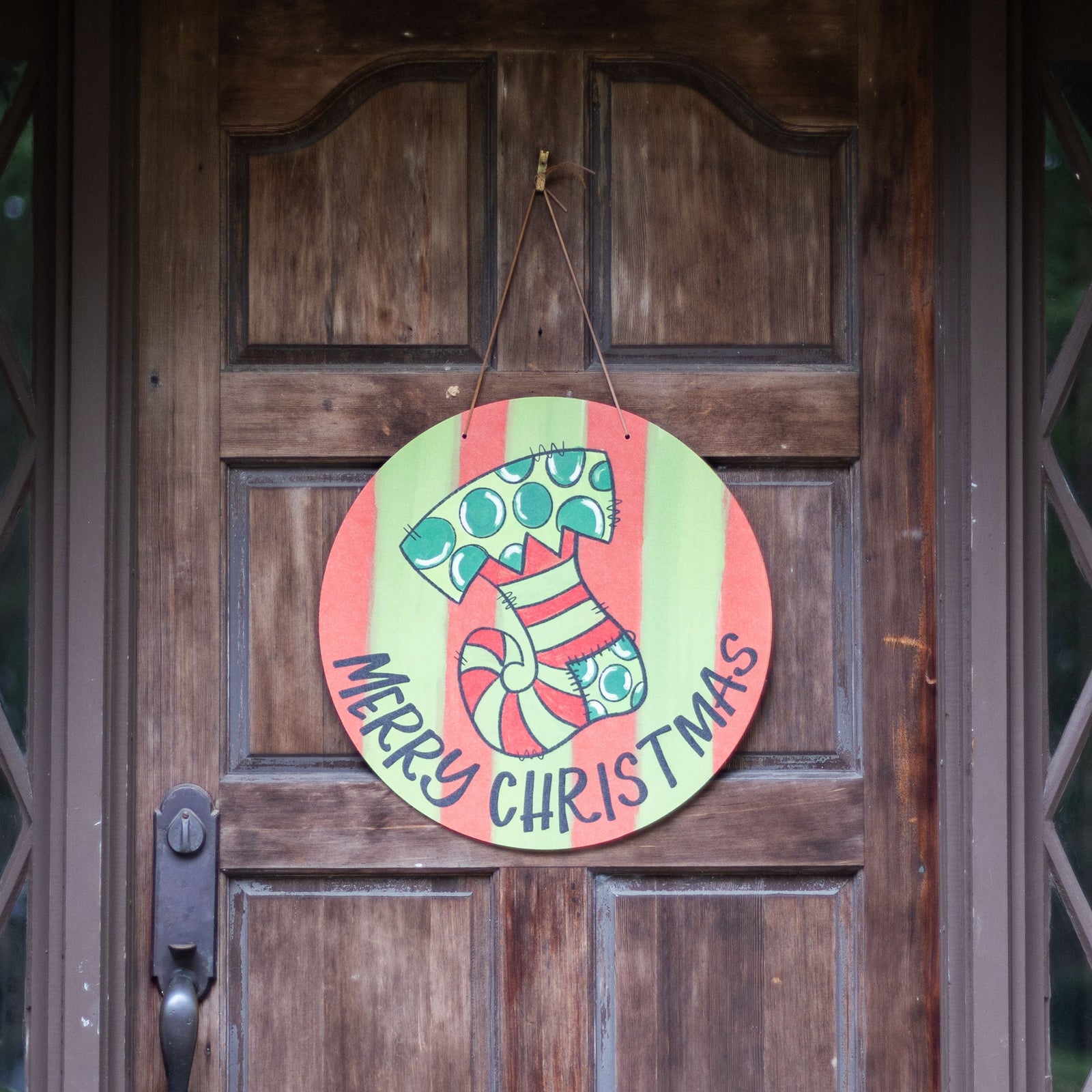 Front View. Christmas Door Hanger, Merry Christmas Stocking Outdoor Ornament/Decor The WAREHOUSE Studio 