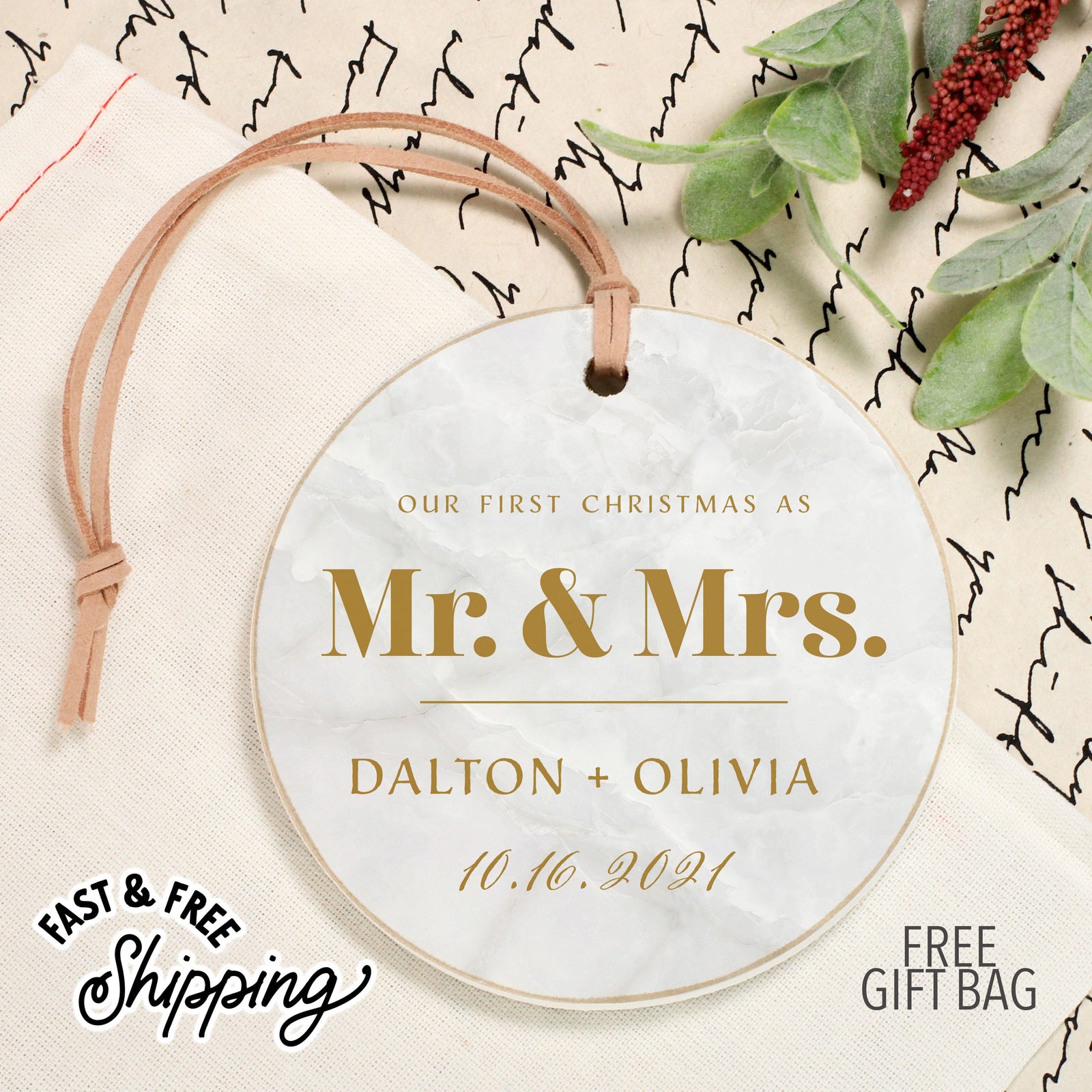 Front View. Customizable Ornament | First Christmas Married Ornament Holiday Ornaments The WAREHOUSE Studio 