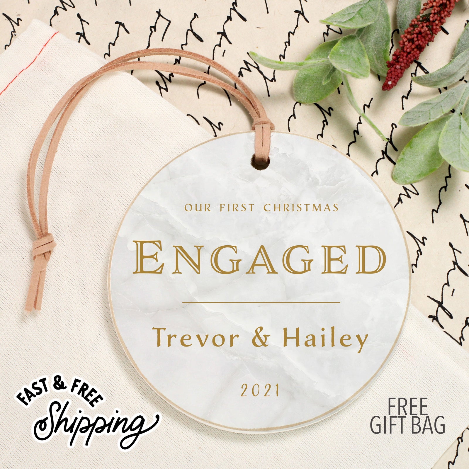 Front View. Customizable Ornament | Our First Christmas Engaged | Engagement Ornaments Holiday Ornaments The WAREHOUSE Studio 