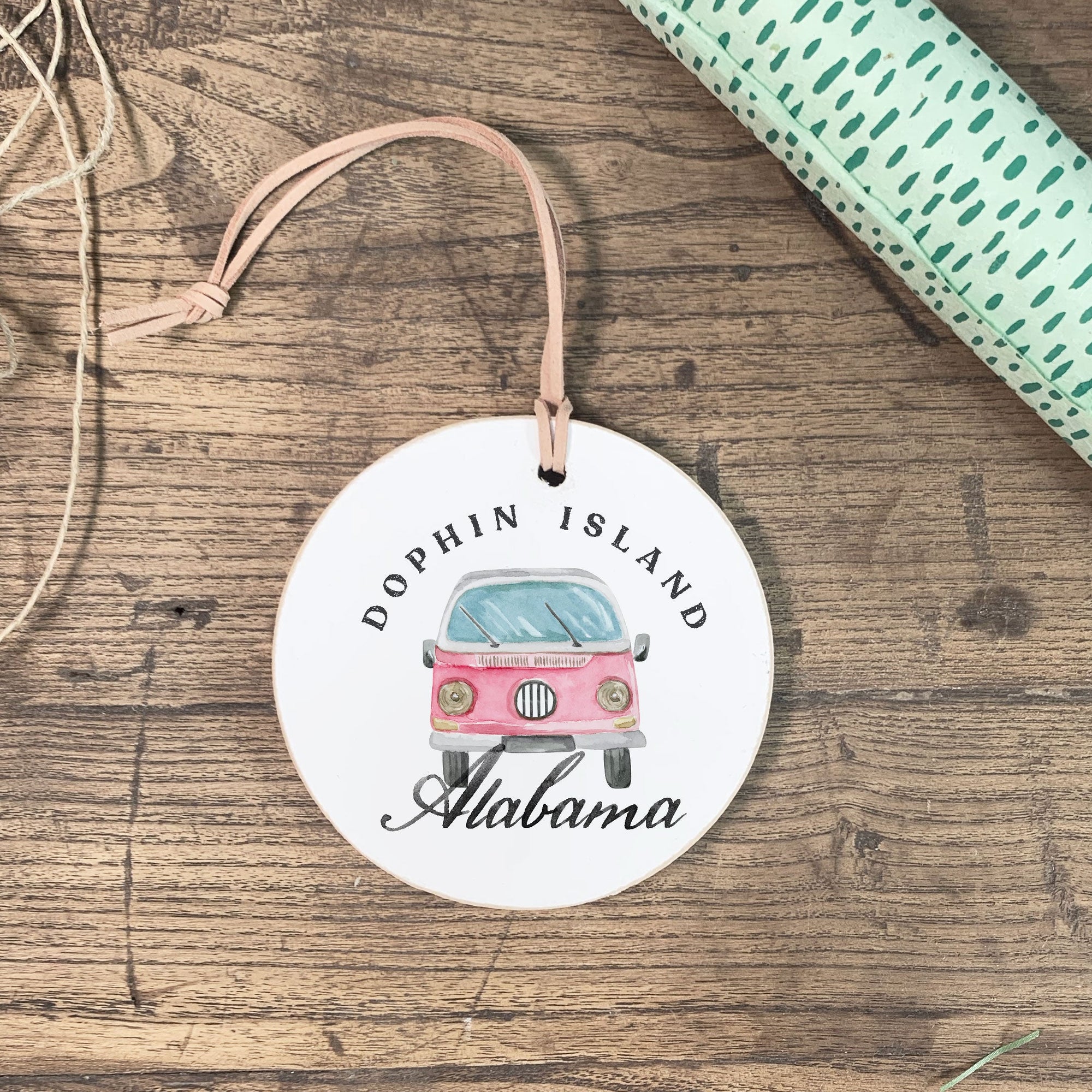 Front View. Customizable Ornament | Pink Van Holiday Ornaments The WAREHOUSE Studio 
