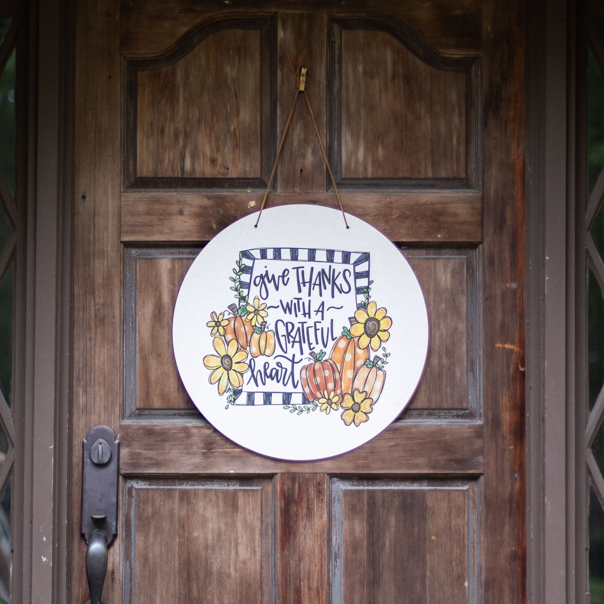 Front View. Fall Door Hanger, Grateful Heart Pumpkin Outdoor Ornament/Decor The WAREHOUSE Studio 