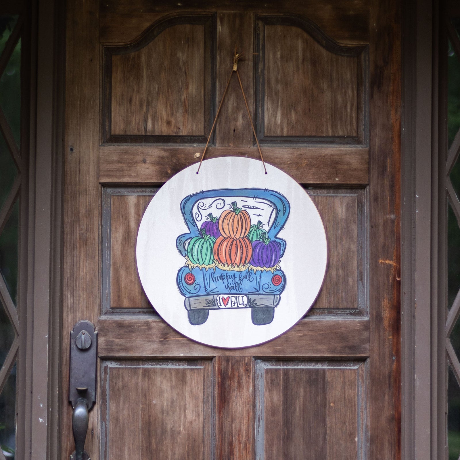 Front View. Fall Door Hanger, Truck With Pumpkins Outdoor Ornament/Decor The WAREHOUSE Studio 