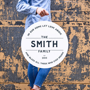 Front View. Family Name Sign | Custom Wood Sign Personalized Signs The WAREHOUSE Studio 24" In Our Home Let Love Abide 