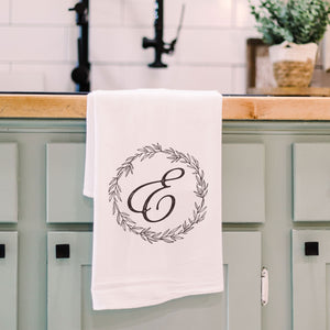 Letter E Front View. Kitchen Towel | Wreath Initial Kitchen Towels The WAREHOUSE Studio E 