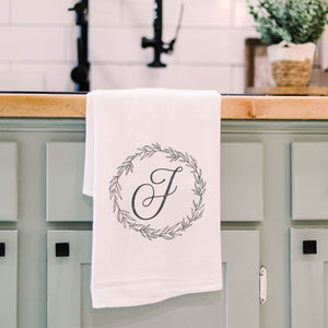 Letter F Front View. Kitchen Towel | Wreath Initial Kitchen Towels The WAREHOUSE Studio J 