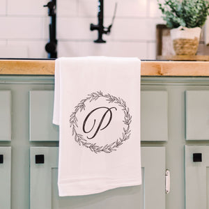 Letter P Front View. Kitchen Towel | Wreath Initial Kitchen Towels The WAREHOUSE Studio P 
