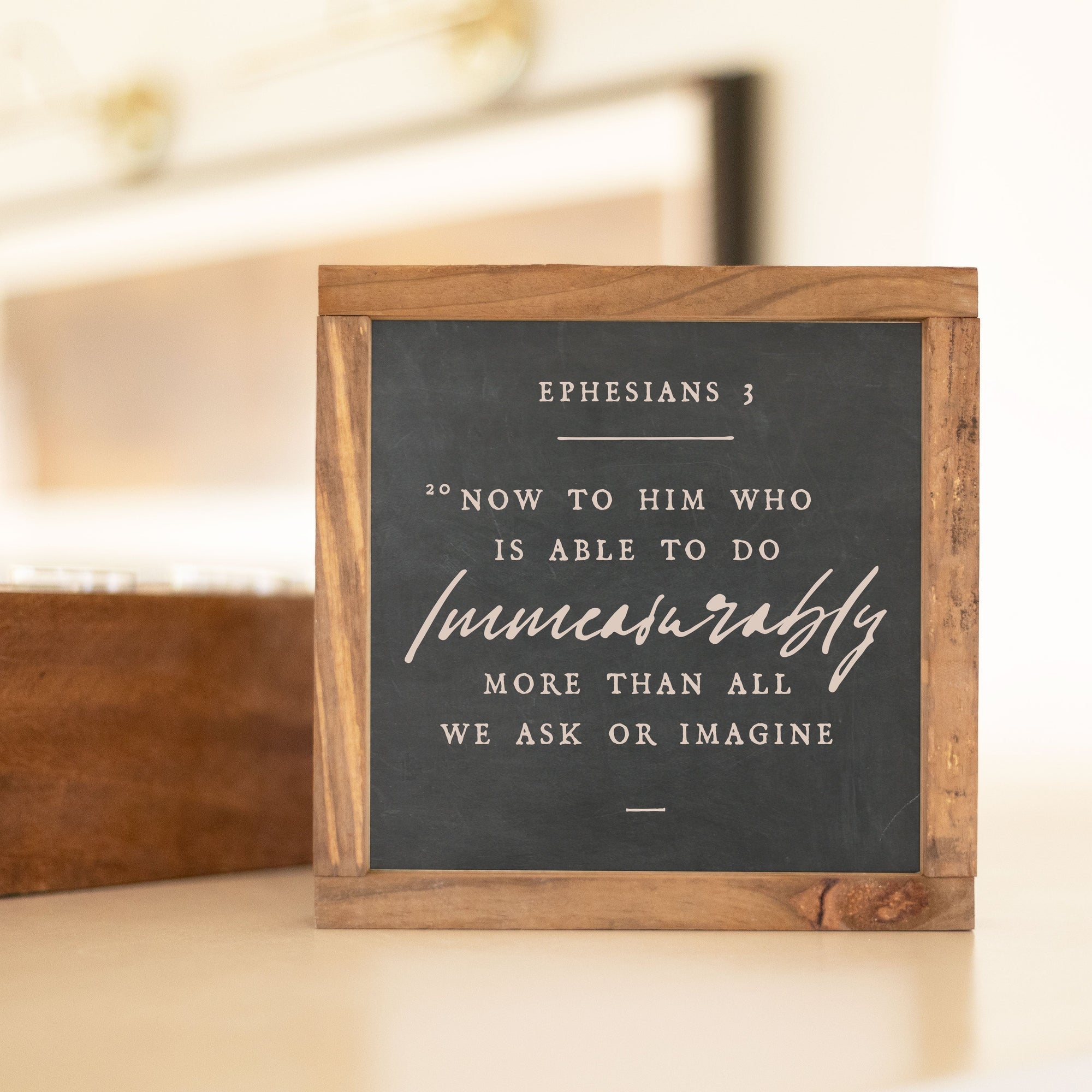 Front View. Medium Wood Sign | Immeasurably | Scripture Sign | Faith Based Wood Signs The WAREHOUSE Studio 