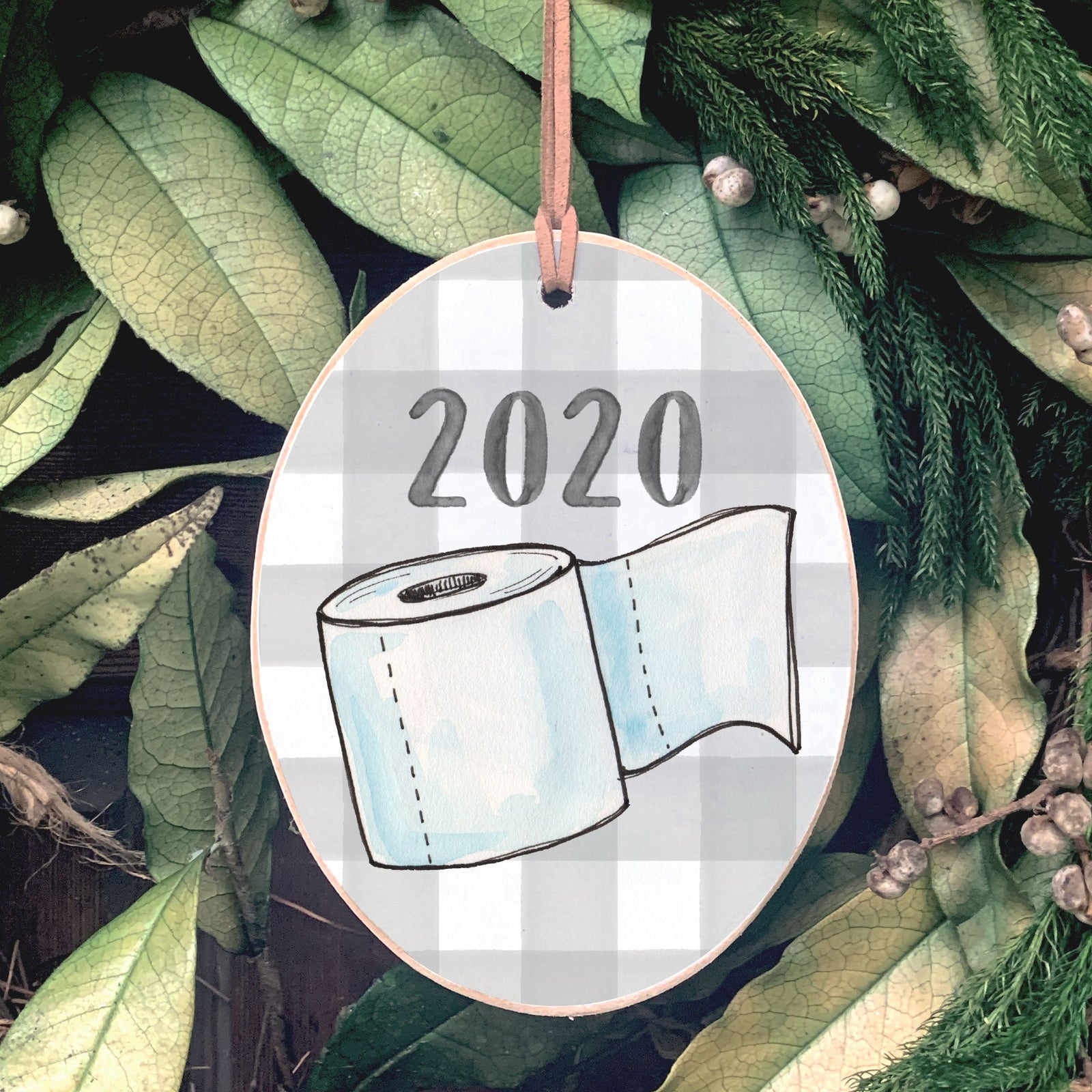 Front View. Ornament | Buff Check Toilet Paper Wood Ornaments The WAREHOUSE Studio 