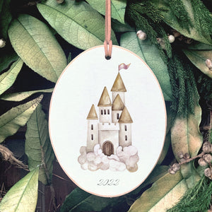 Front View. Ornament | Castle Date | Watercolor Fairytale Wood Ornaments The WAREHOUSE Studio 