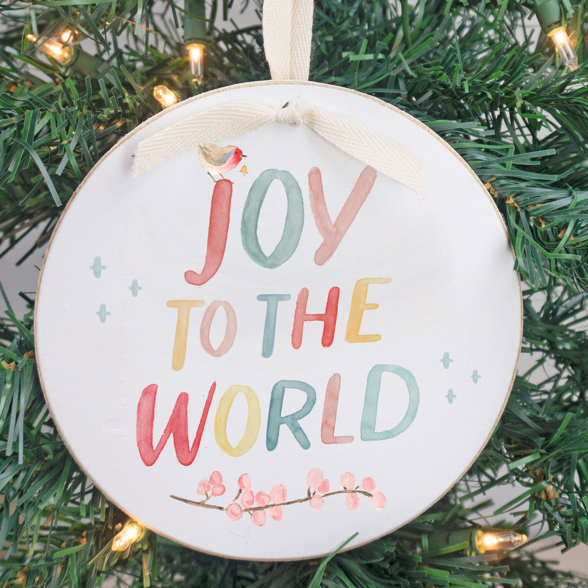 Front View. Ornament | Joy to the World Watercolor Wood Ornaments The WAREHOUSE Studio 