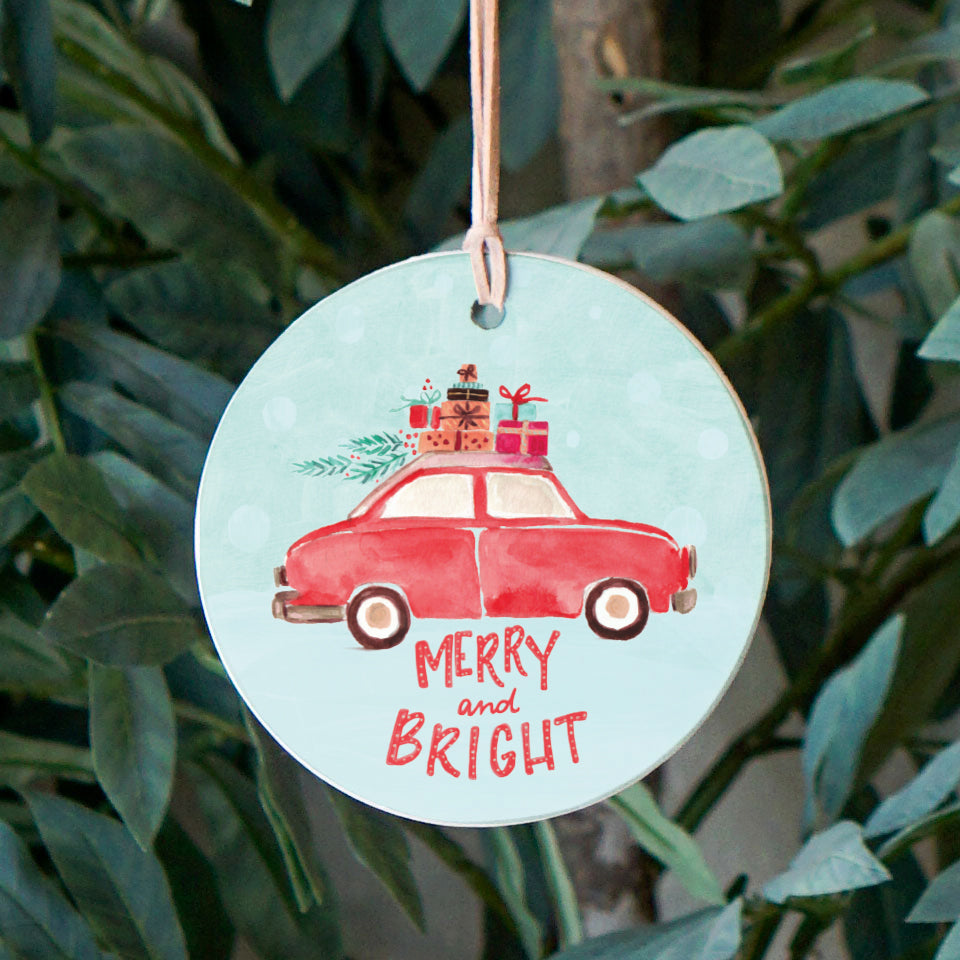 Front View. Ornament | Merry & Bright | Christmas Watercolor Wood Ornaments The WAREHOUSE Studio 