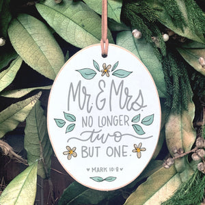 Front View. Ornament | Mint Mr & Mrs | Wedding Christmas Wood Ornaments The WAREHOUSE Studio 