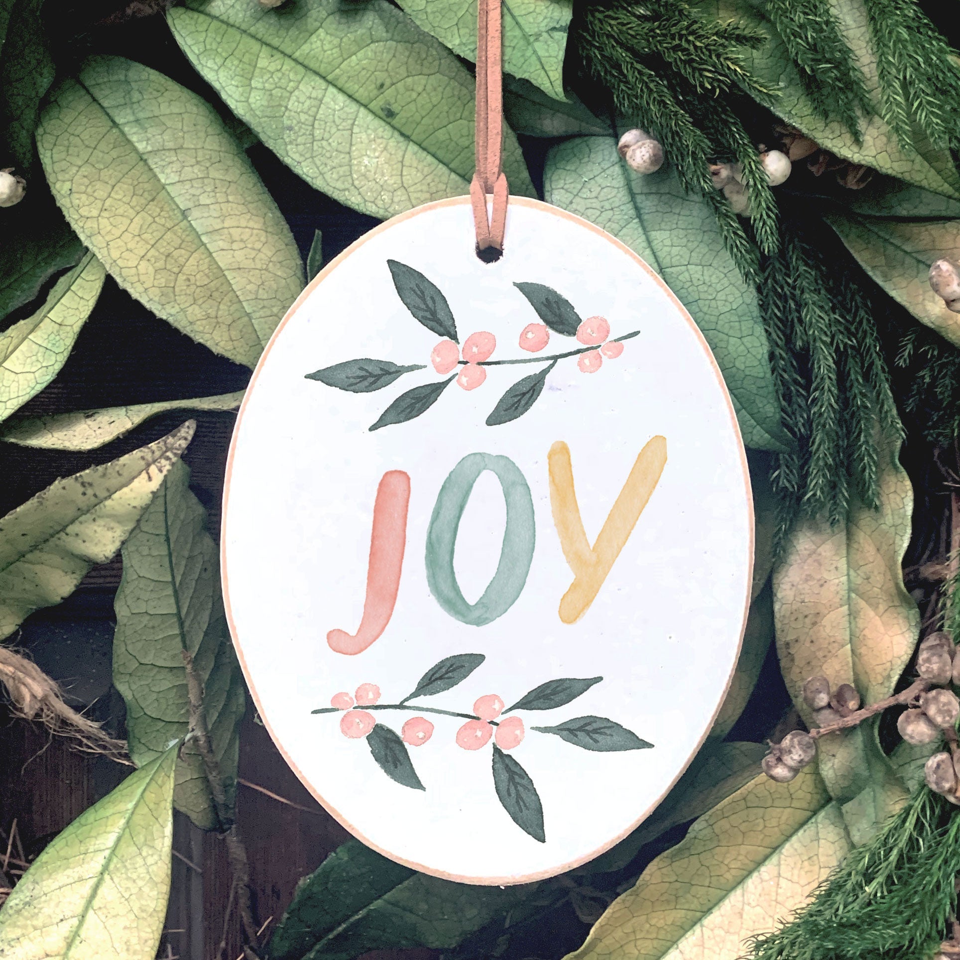 Front View. Ornament | Watercolor Joy Branch Wood Ornaments The WAREHOUSE Studio 