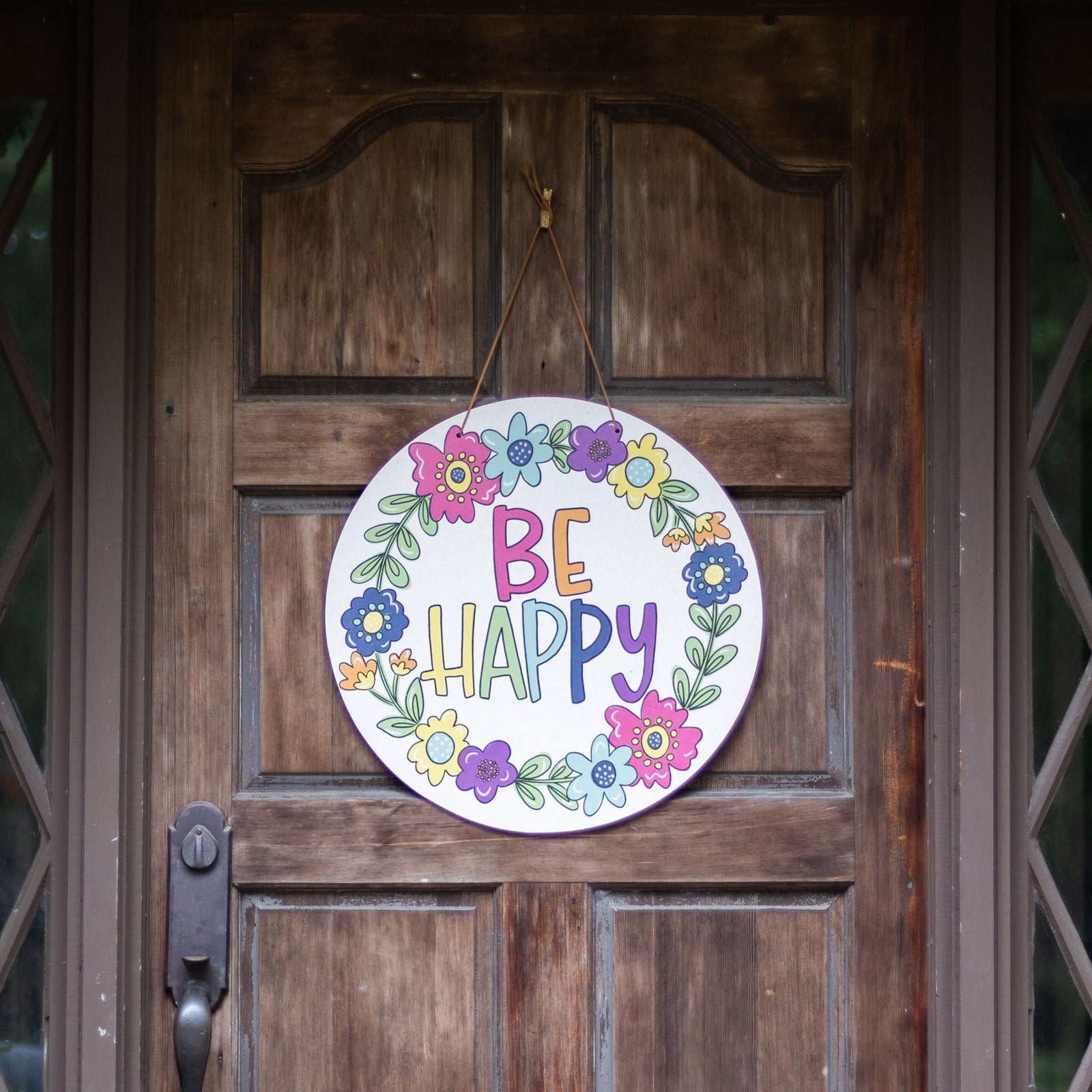 Front View. Spring Door Hanger, Be Happy Floral Outdoor Ornament/Decor The WAREHOUSE Studio 
