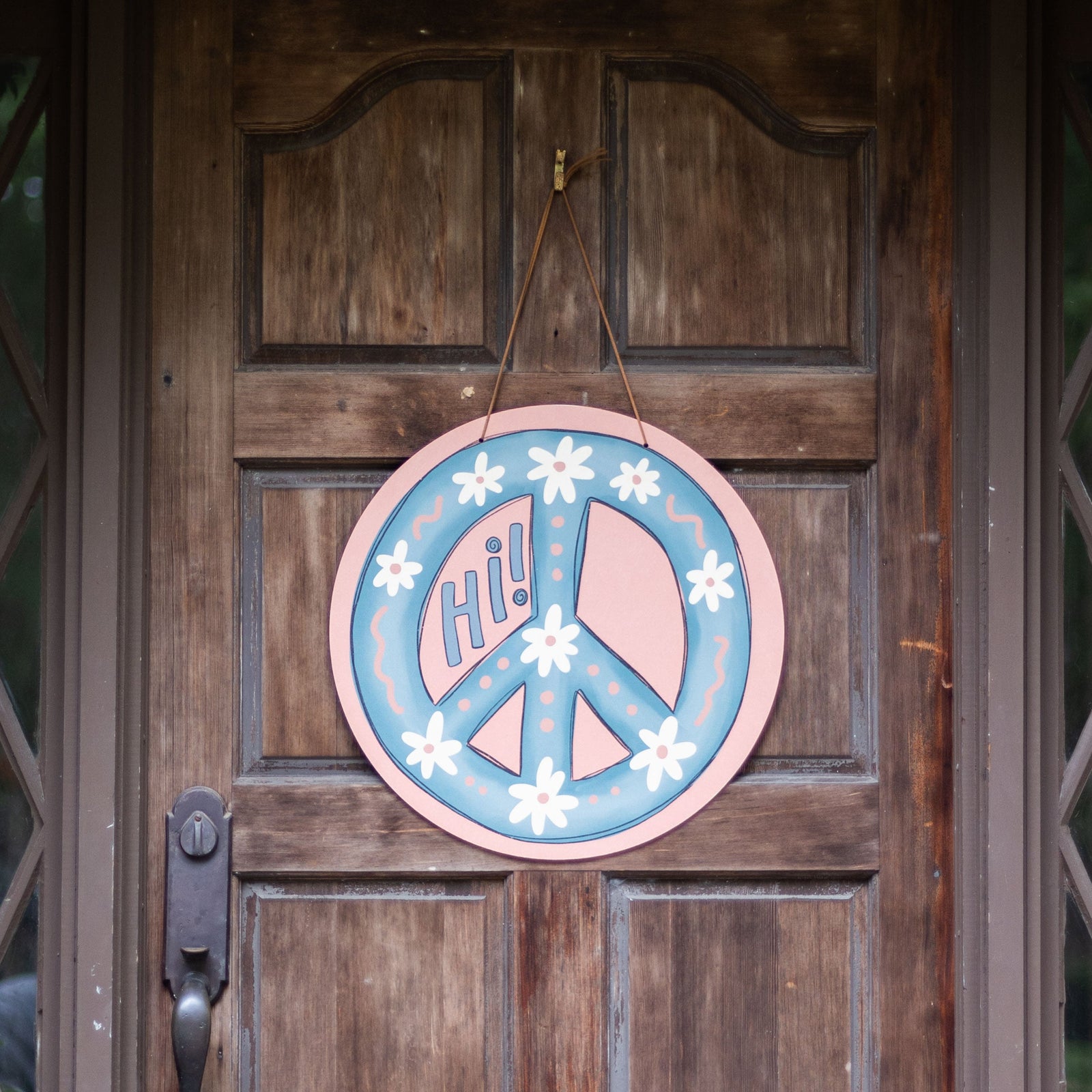 Front View. Spring Door Hanger, Hi Peace Sign Outdoor Ornament/Decor The WAREHOUSE Studio 