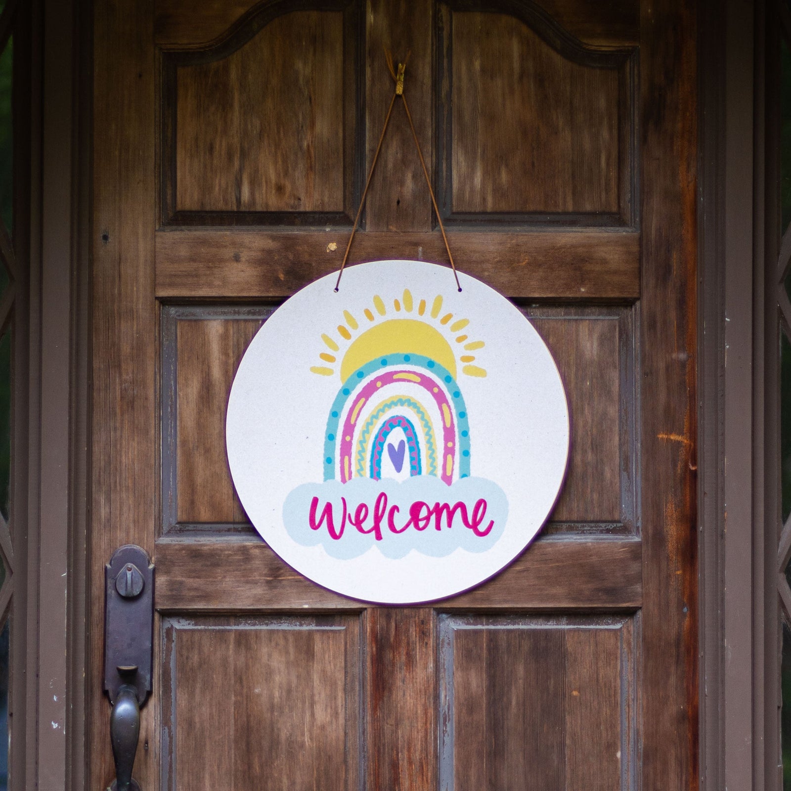 Front View. Spring Door Hanger, Welcome Rainbow Outdoor Ornament/Decor The WAREHOUSE Studio 