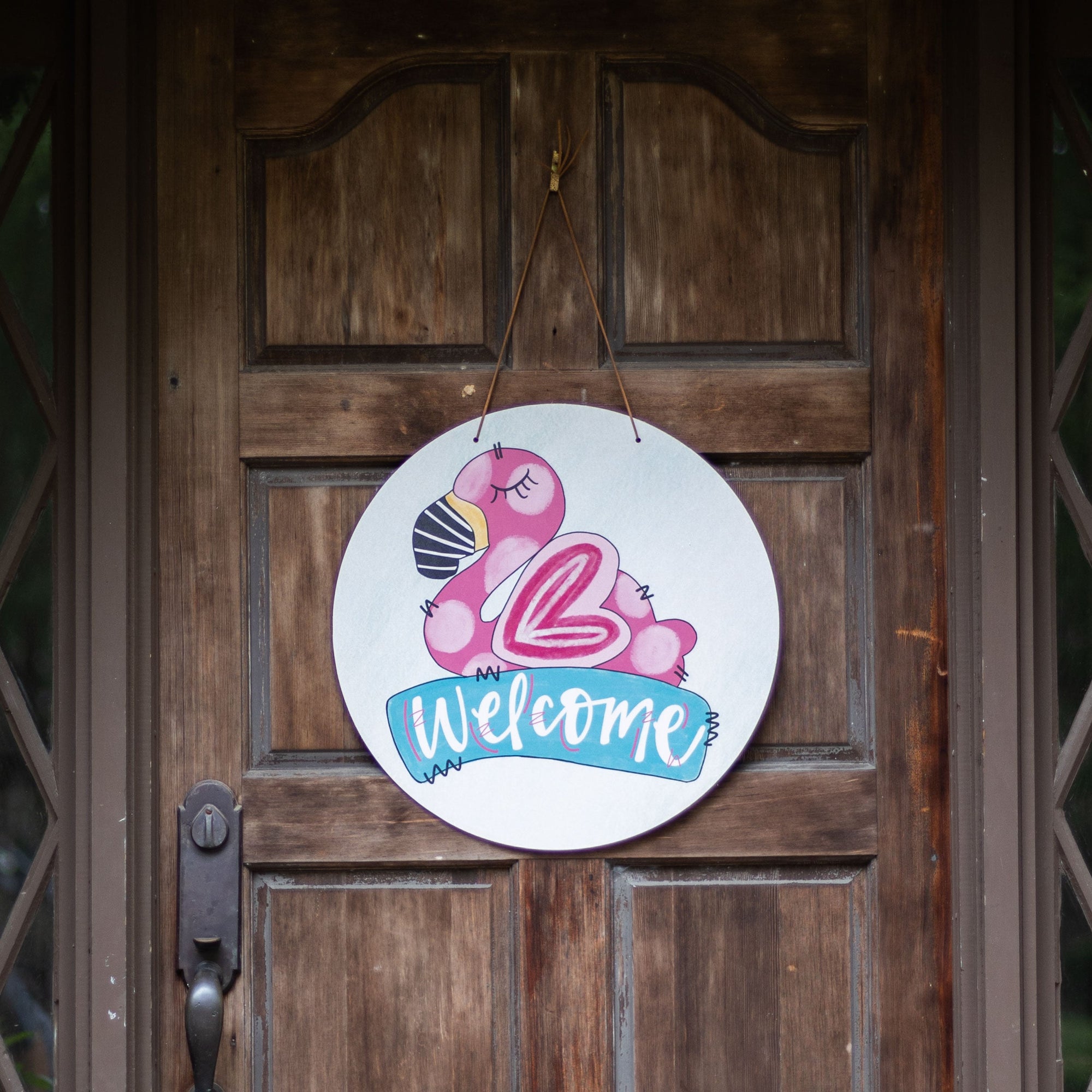 Front View. Summer Door Hanger, Welcome Flamingo Outdoor Ornament/Decor The WAREHOUSE Studio 